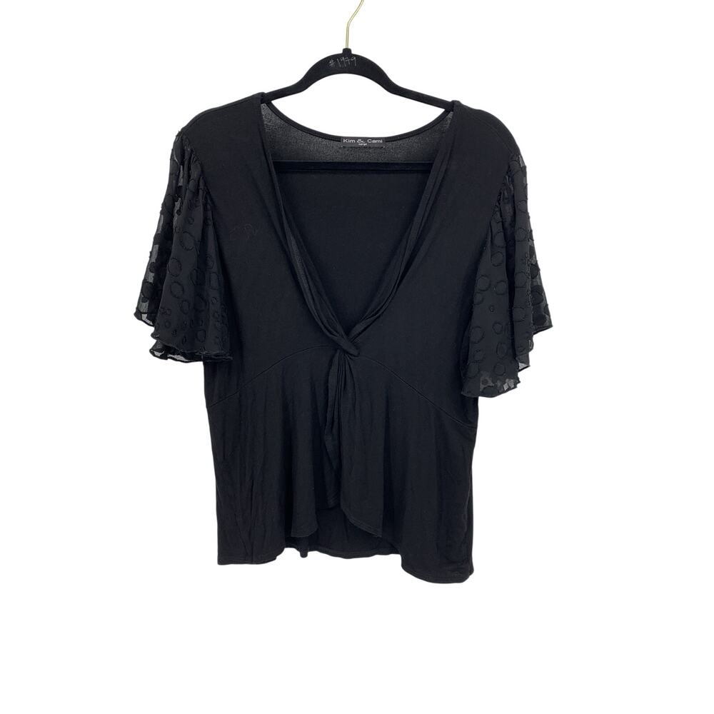 Kim & Cami Top Womens Large Black Deep V Twist Front Sheer Flutter Sleeve Peplum